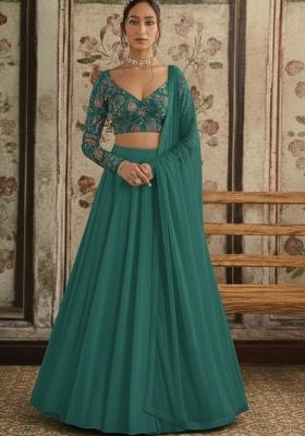 Teal Green Embroidered Crepe Lehenga Set