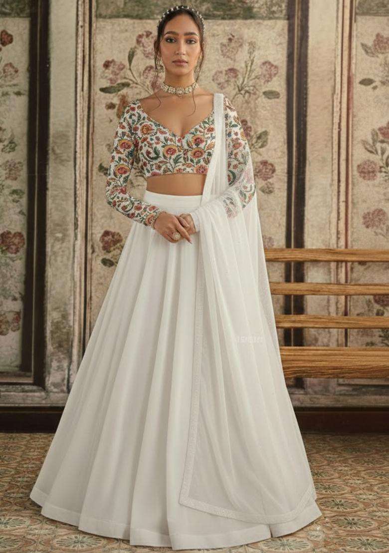 Ivory Embroidered Crepe Lehenga Set - Indya