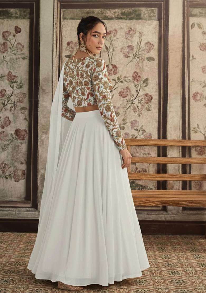 Ivory Embroidered Crepe Lehenga Set - Indya