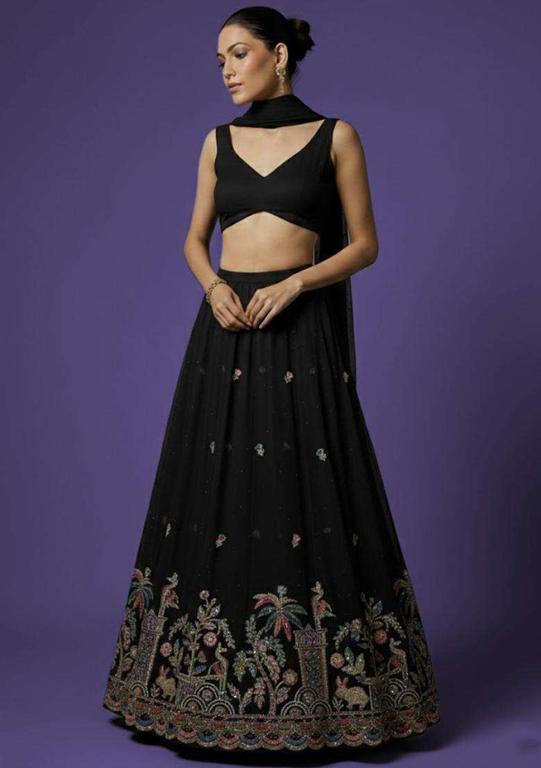 Black Embellished Crepe Lehenga Set - Indya