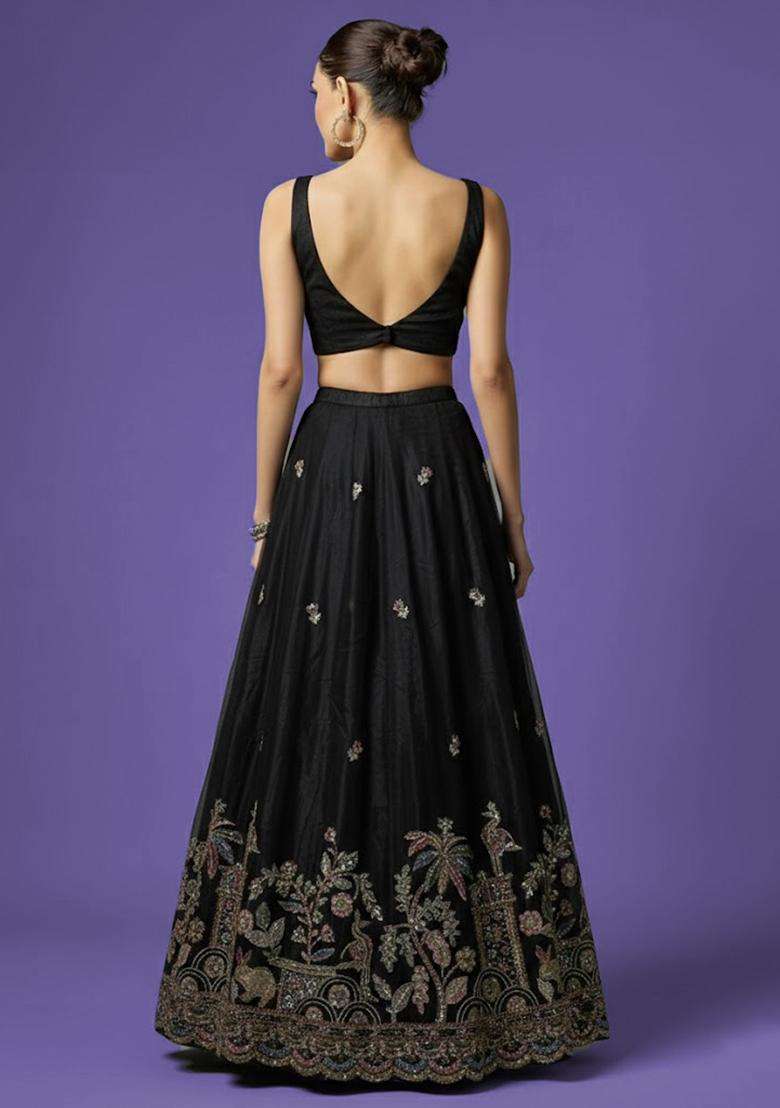 Black Embellished Crepe Lehenga Set - Indya