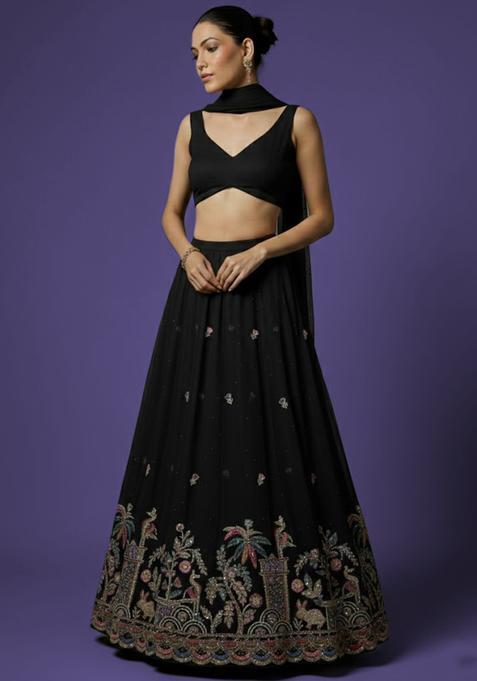Black Embellished Crepe Lehenga Set