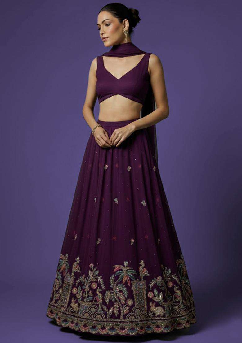 Purple Embellished Crepe Lehenga Set - Indya