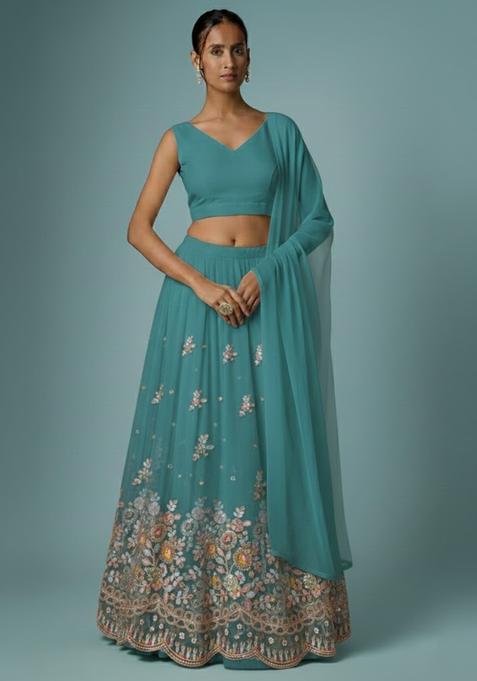 Sea Green Sequin Chiffon Lehenga Set — view on Indya