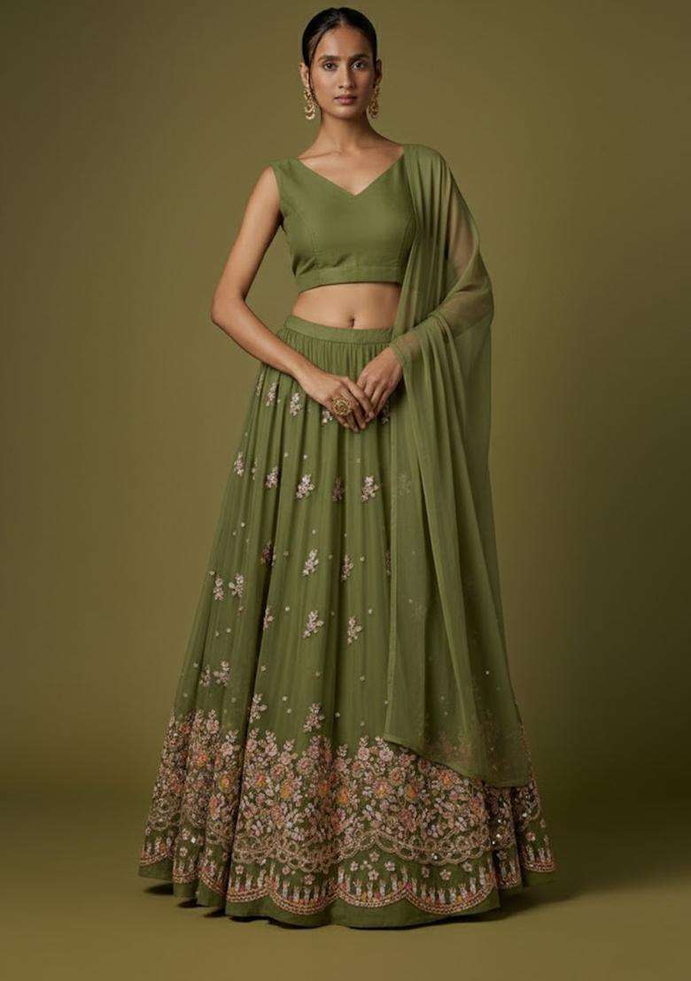 Olive Green Sequin Chiffon Lehenga Set - Indya