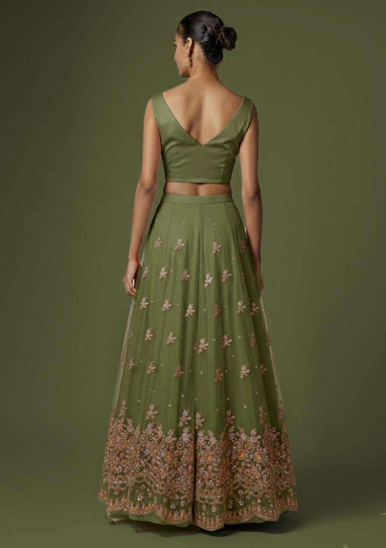 Olive Green Sequin Chiffon Lehenga Set - Indya