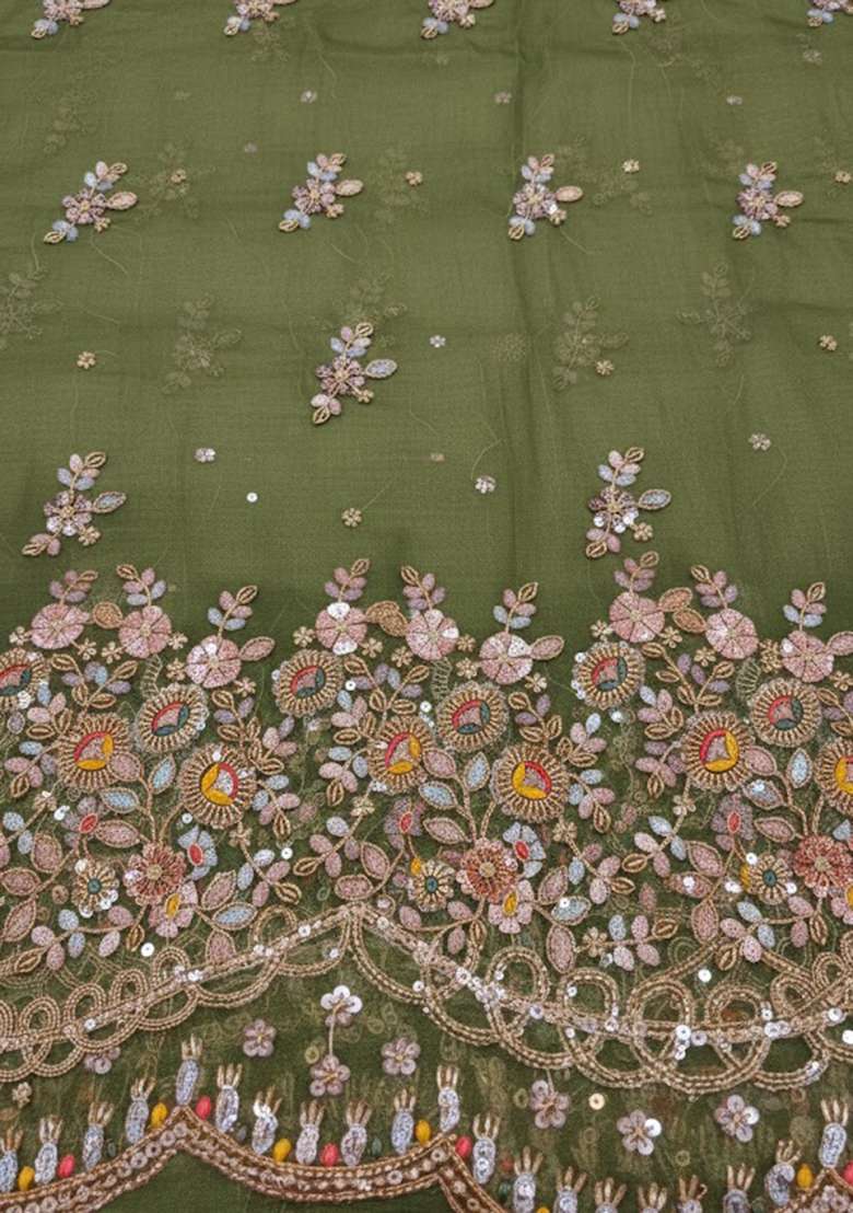 Olive Green Sequin Chiffon Lehenga Set - Indya