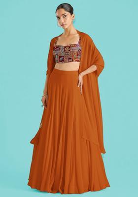 Burnt Orange Figure Print Crepe Lehenga Set