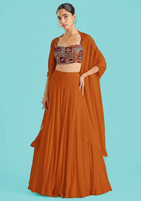 Burnt Orange Figure Print Crepe Lehenga Set