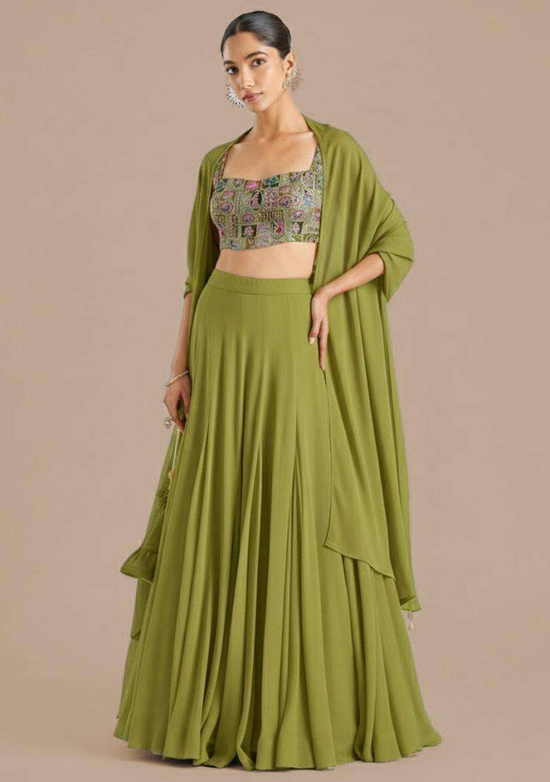 Olive Green Figure Print Crepe Lehenga Set - Indya