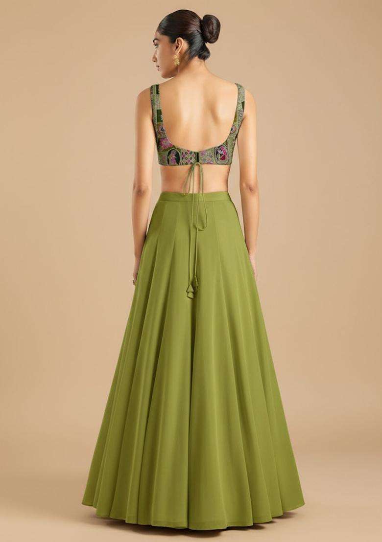 Olive Green Figure Print Crepe Lehenga Set - Indya