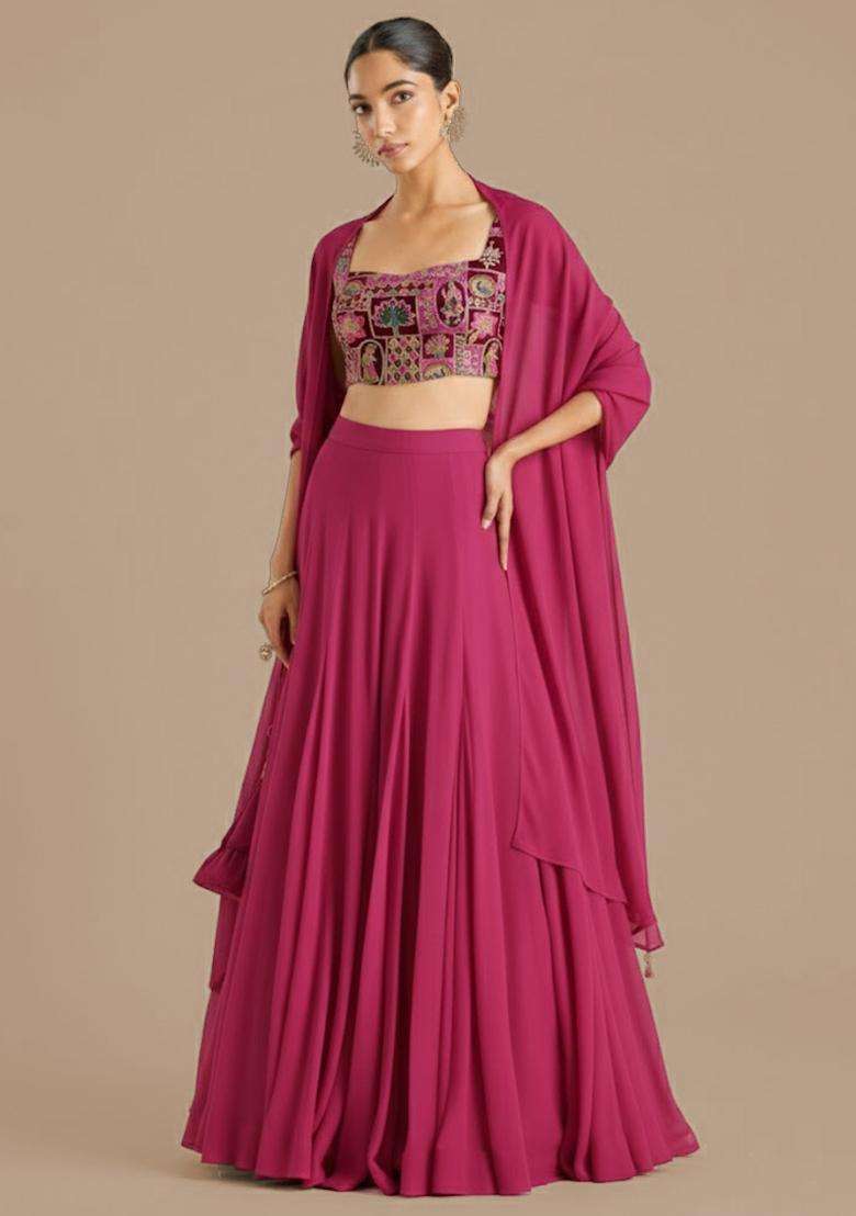 Rani Pink Figure Print Crepe Lehenga Set - Indya