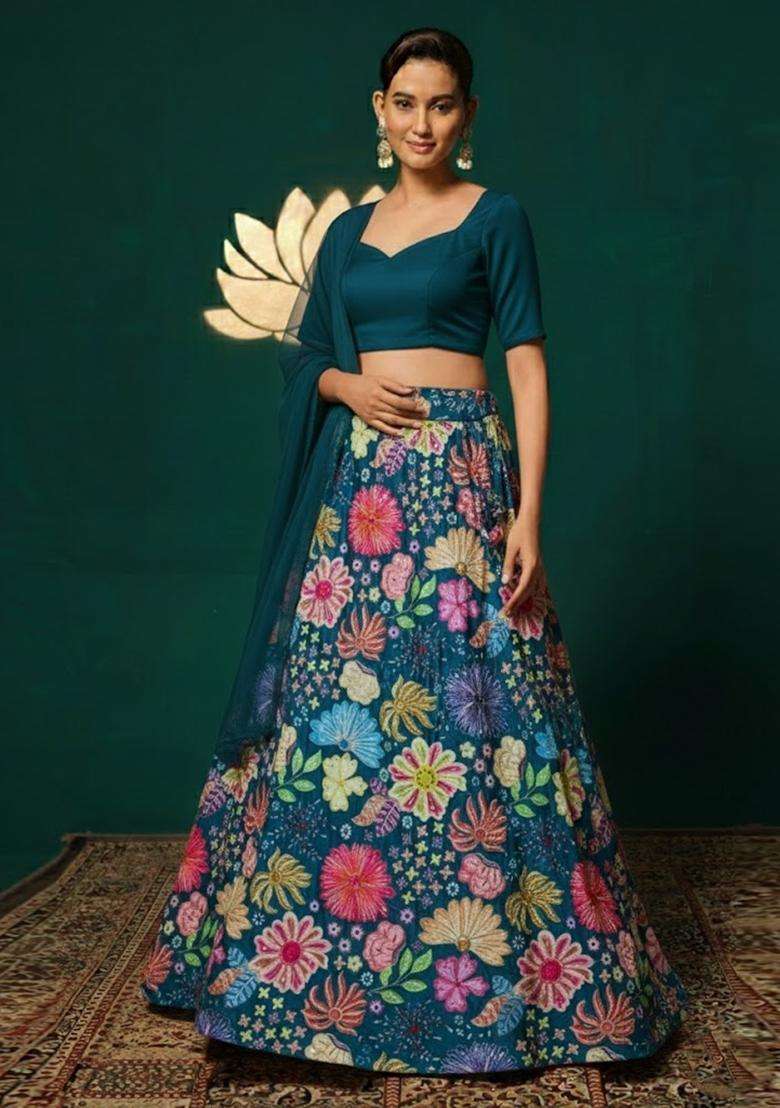 Teal Blue Floral Print Chinon Lehenga Set for Diwali and Festive Wear - Indya