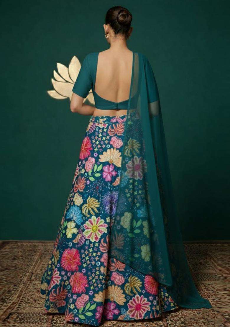 Teal Blue Floral Print Chinon Lehenga Set for Diwali and Festive Wear - Indya