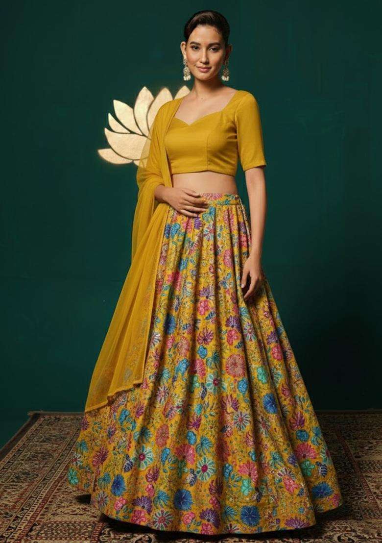 Mustard Chinon Lehenga Set with Floral Print for Diwali | Wedding & Festive Wear - Indya