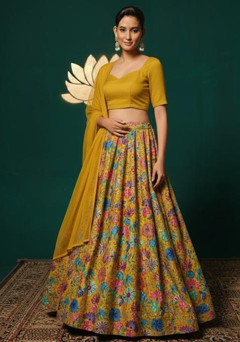 Mustard Floral Print Chinon Lehenga Set