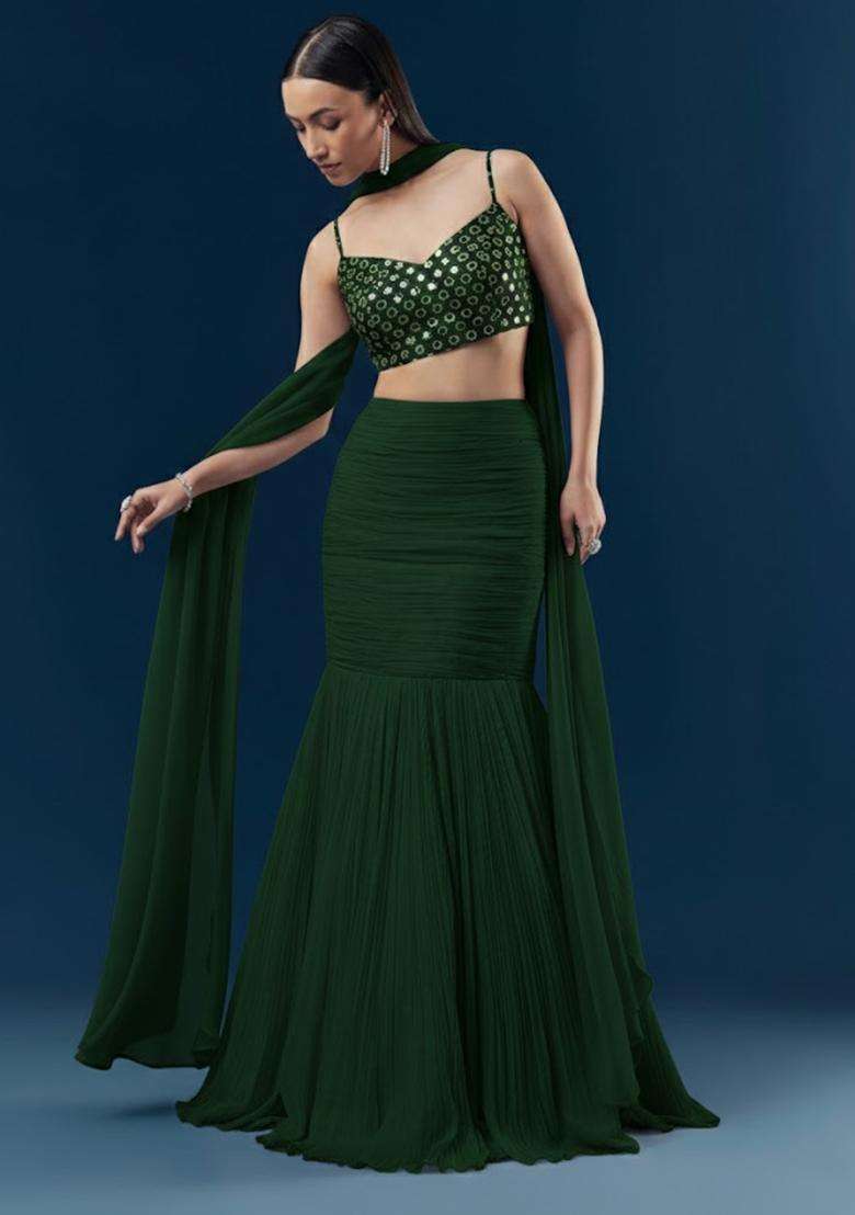 Green Zari Georgette Lehenga Set - Indya