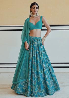 Teal Blue Floral Print Crepe Lehenga Set
