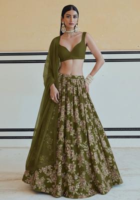 Olive Green Floral Print Crepe Lehenga Set