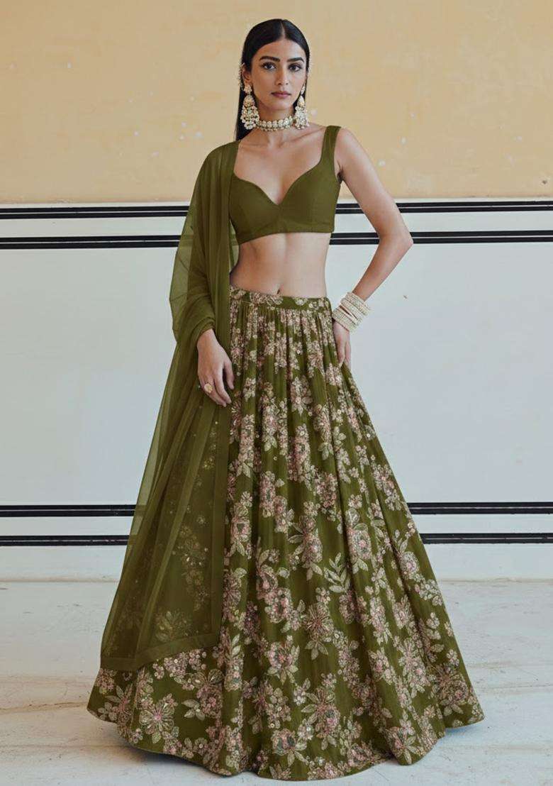 Olive Green Floral Print Crepe Lehenga Set - Indya