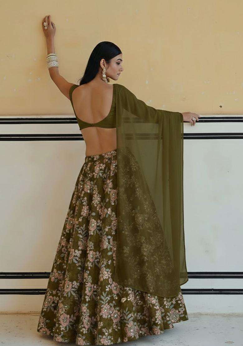 Olive Green Floral Print Crepe Lehenga Set - Indya