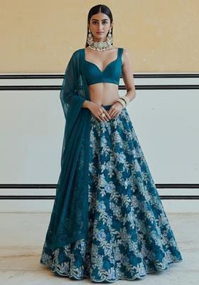 Teal Blue Floral Print Crepe Lehenga Set
