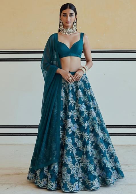 Teal Blue Floral Print Crepe Lehenga Set