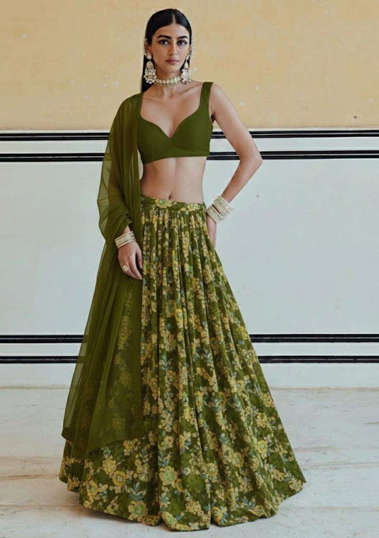 Olive Green Floral Print Crepe Lehenga Set - Indya