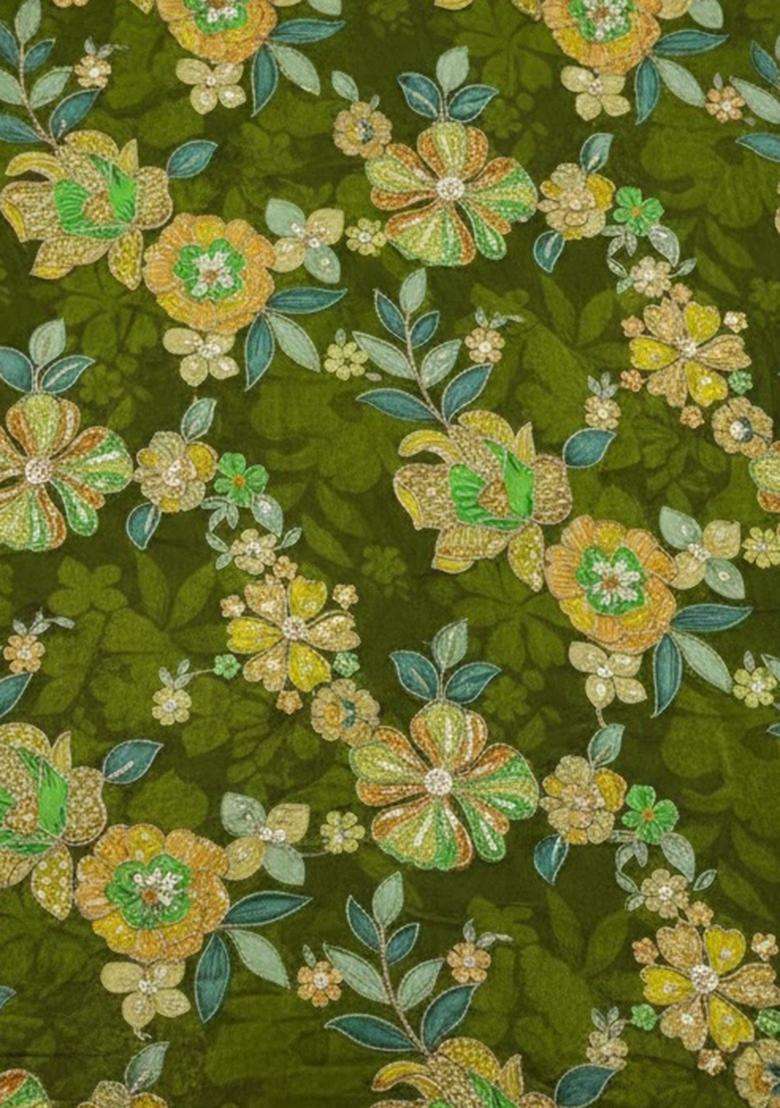 Olive Green Floral Print Crepe Lehenga Set - Indya
