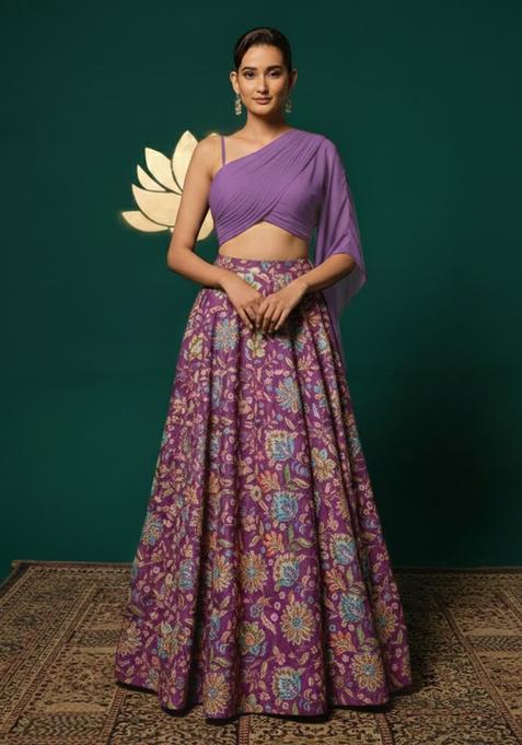 Plum Purple Floral Print Chinon Lehenga Set