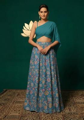 Teal Green Floral Print Chinon Lehenga Set