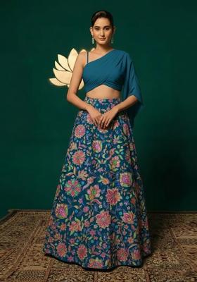Teal Blue Floral Print Chinon Lehenga Set