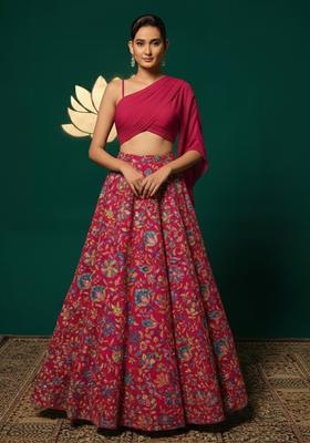 Rani Pink Floral Print Chinon Lehenga Set