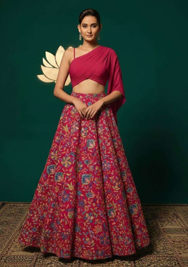 Rani Pink Floral Print Chinon Lehenga Set for Diwali and Festive Wear - Indya