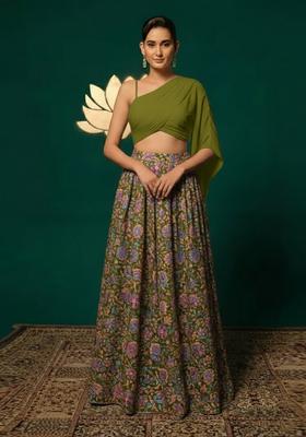 Olive Green Floral Print Chinon Lehenga Set