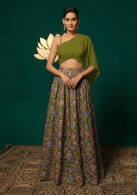 Olive Green Floral Print Chinon Lehenga Set