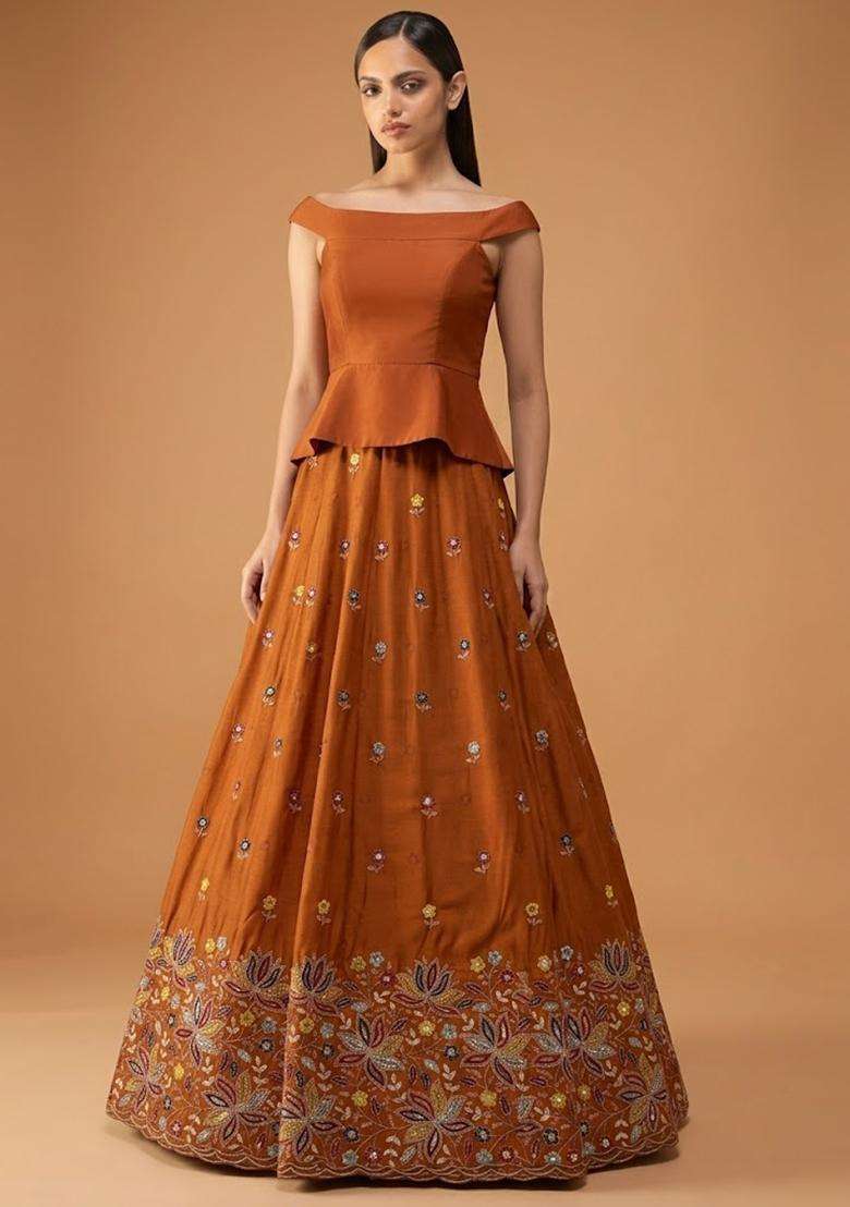 Rust Orange Embroidered Moss Fusion Set - Indya