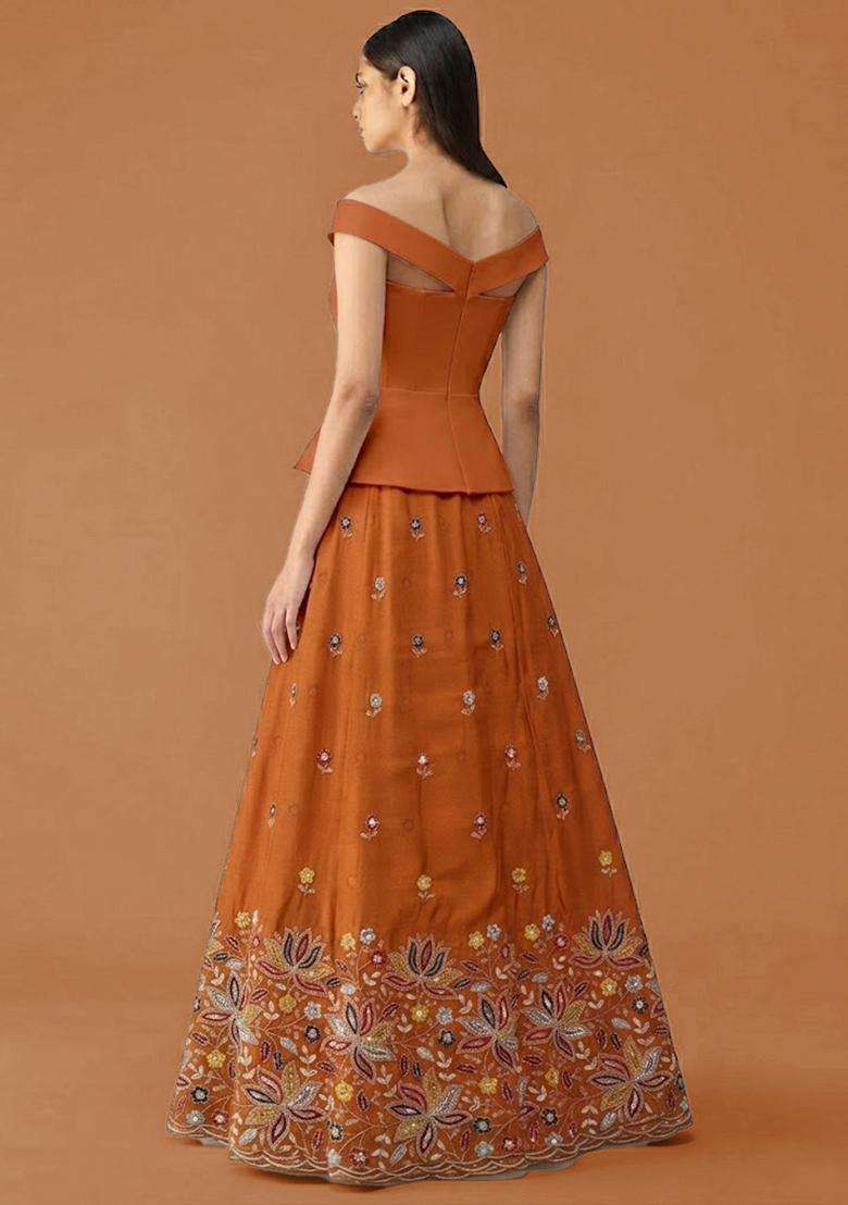 Rust Orange Embroidered Moss Fusion Set - Indya