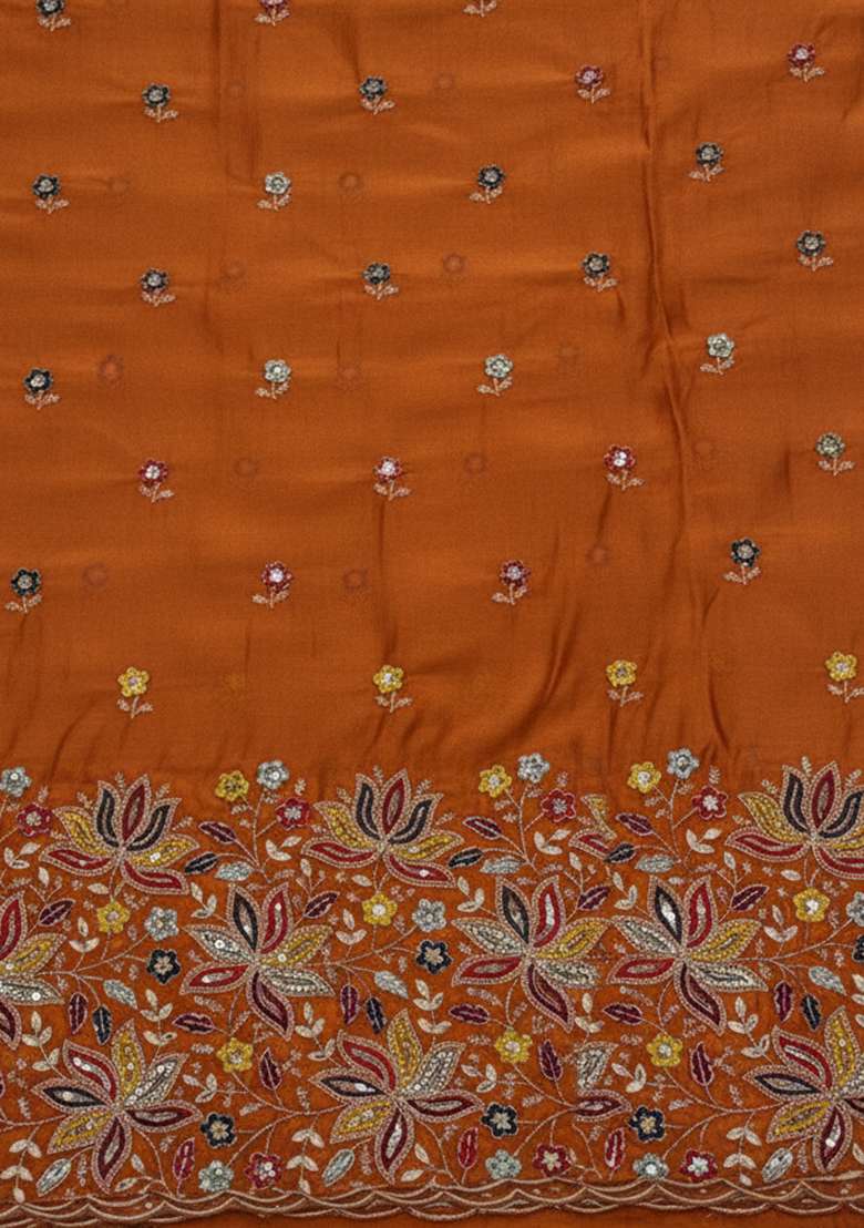 Rust Orange Embroidered Moss Fusion Set - Indya