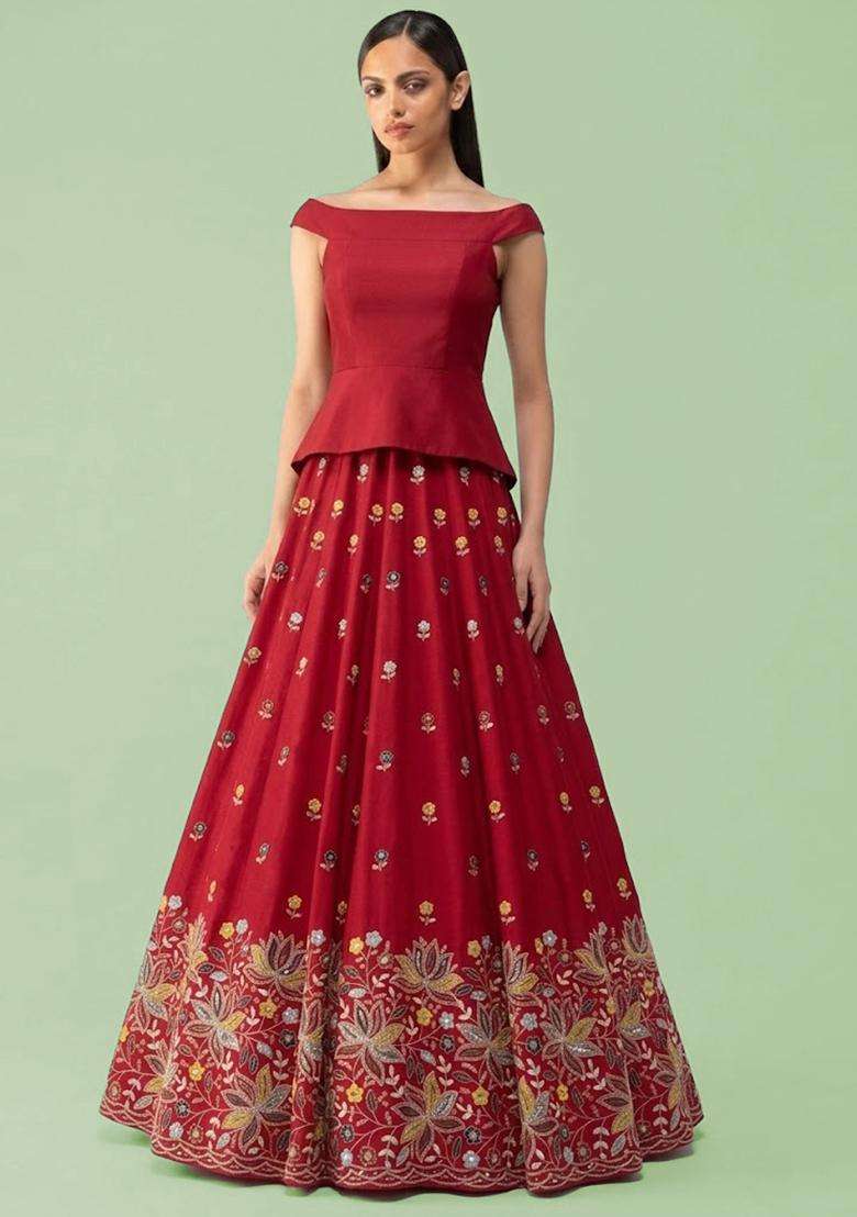 Red Embroidered Moss Fusion Set - Indya
