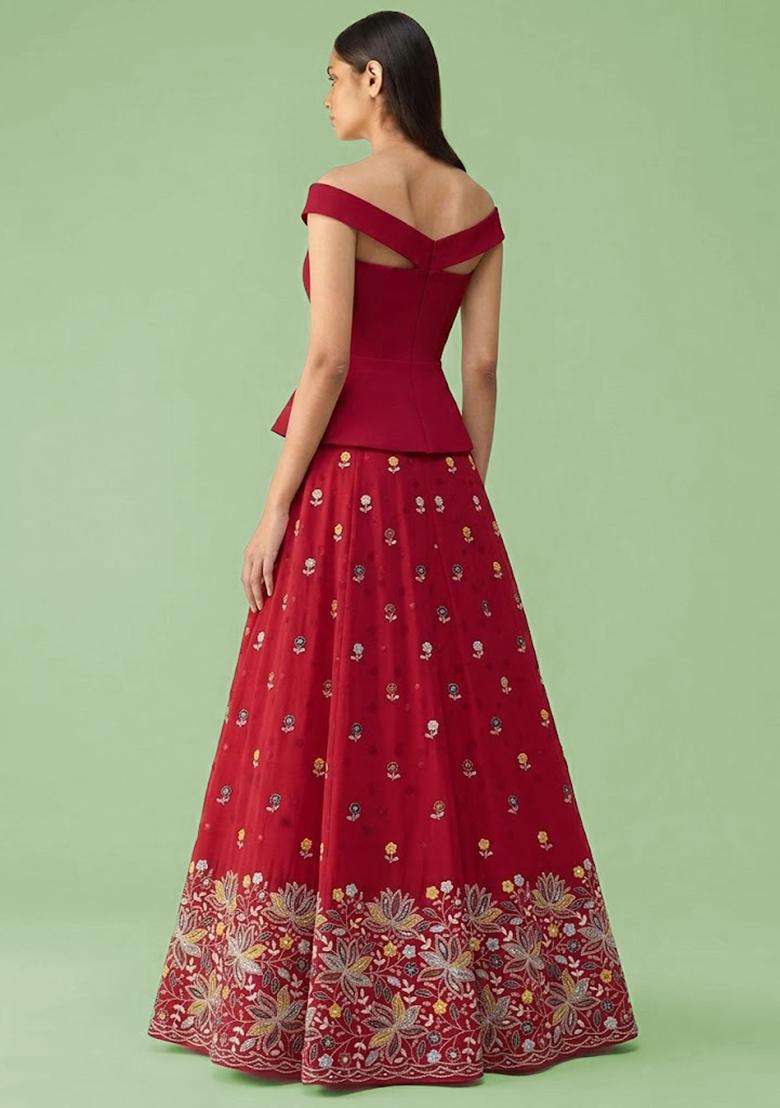 Red Embroidered Moss Fusion Set - Indya