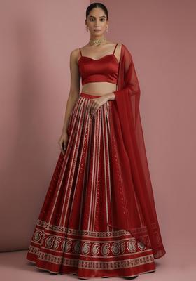 Red Embroidered Georgette Lehenga Set