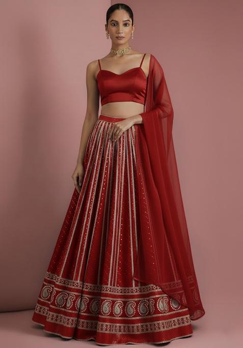 Red Embroidered Georgette Lehenga Set