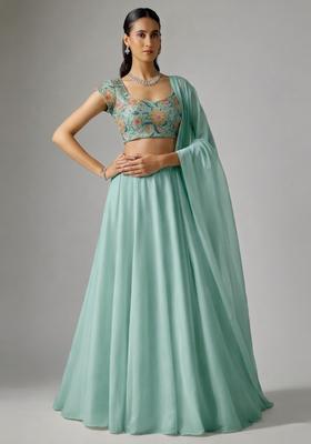 Mint Green Embroidered Organza Lehenga Set