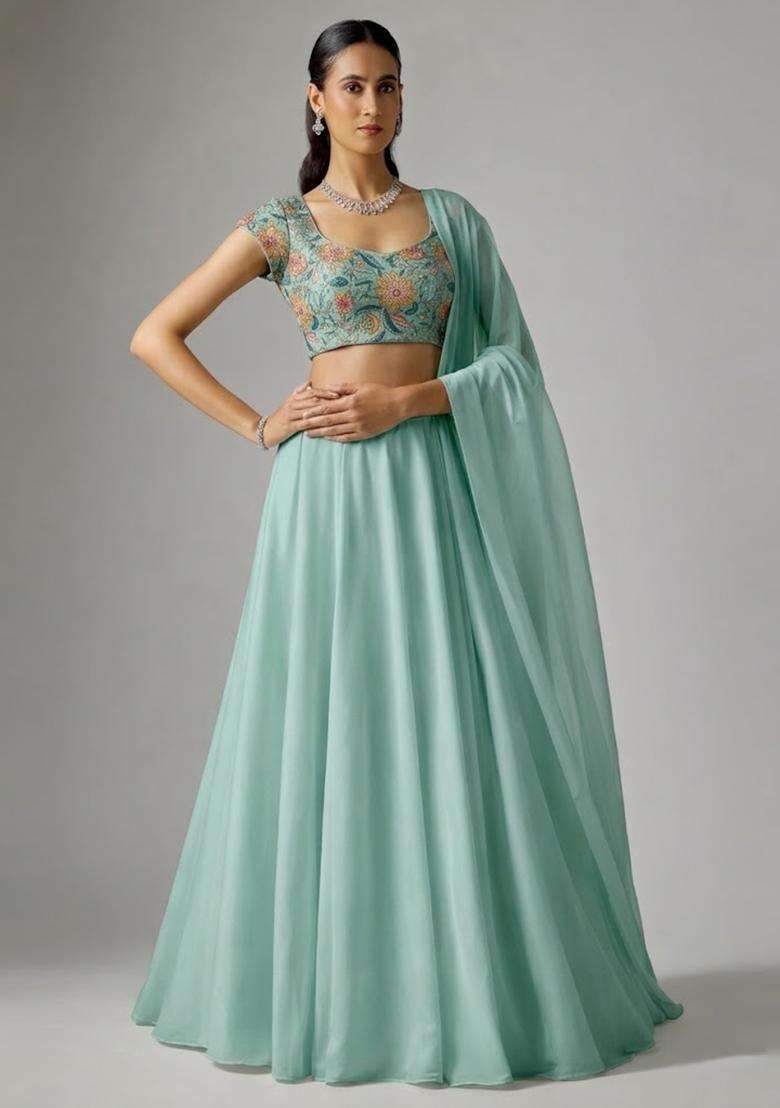 Mint Green Embroidered Organza Lehenga Set - Indya