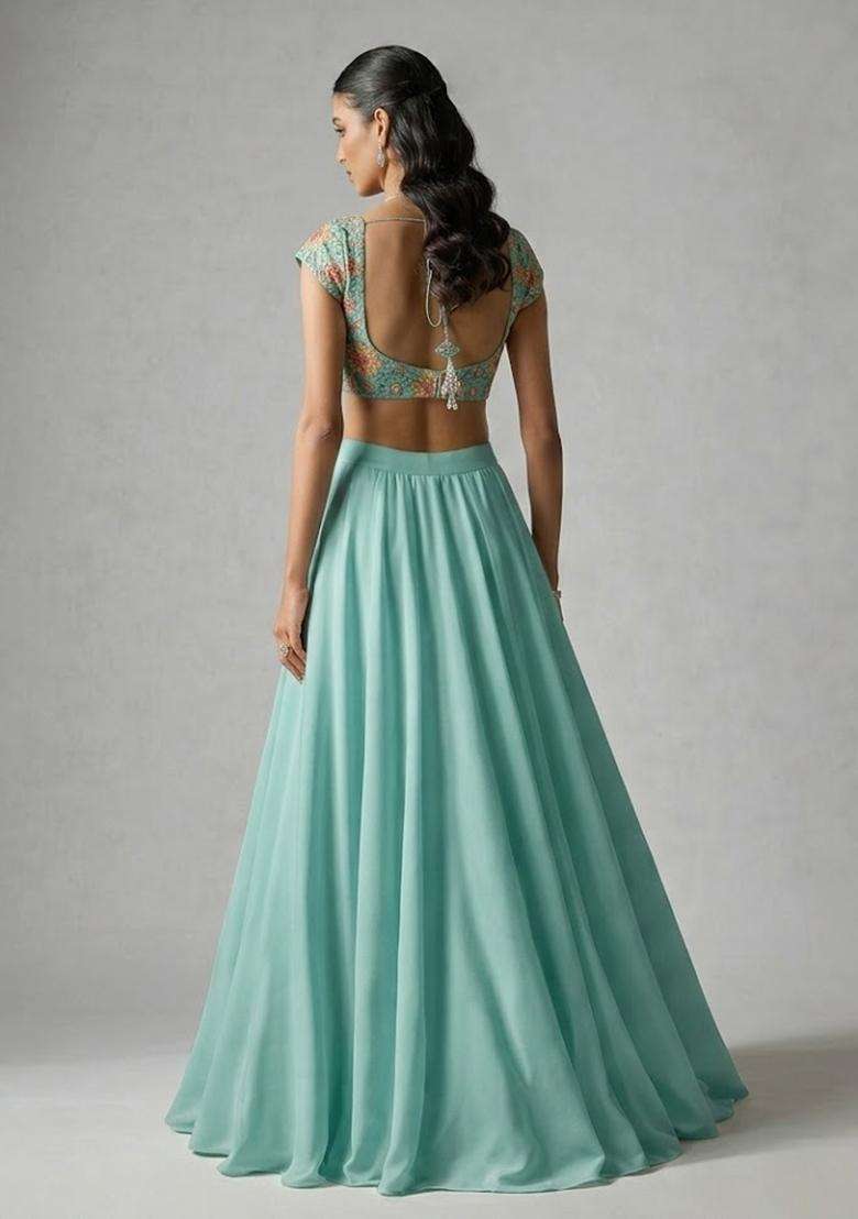 Mint Green Embroidered Organza Lehenga Set - Indya