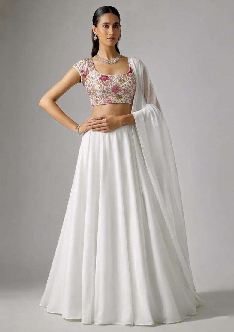 Ivory Embroidered Organza Lehenga Set - Indya