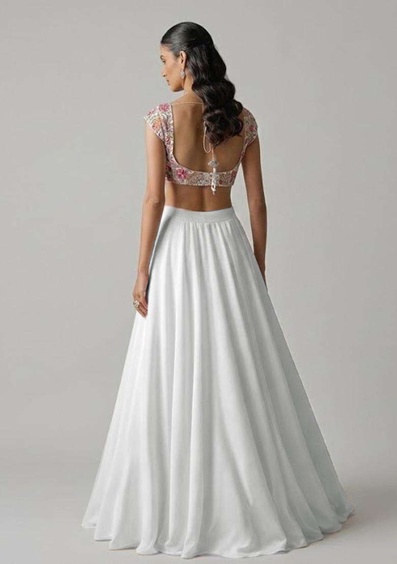 Ivory Embroidered Organza Lehenga Set - Indya