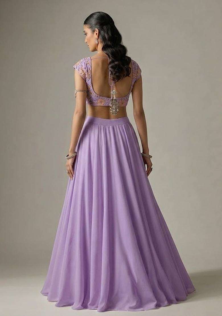 Lavender Embroidered Organza Lehenga Set - Indya