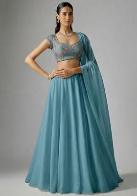 Teal Green Embroidered Organza Lehenga Set